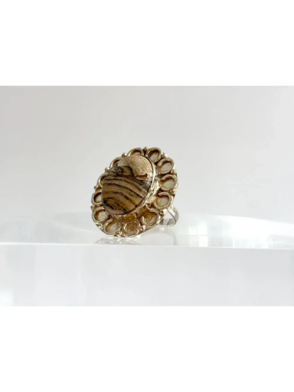 Banded Brown Agate Cabochon Scalloped Sterling Silver 925 Vintage Ring - sz 9